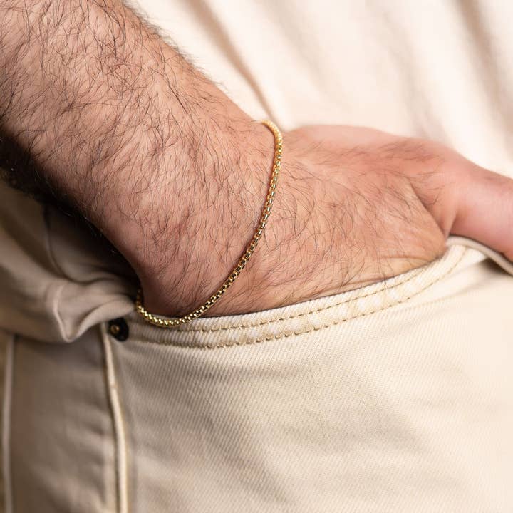 Bracelet chaîne boîte ronde pour homme en or jaune massif 14K 2MM 8" estampillé pour la vente par Pori Jewelry