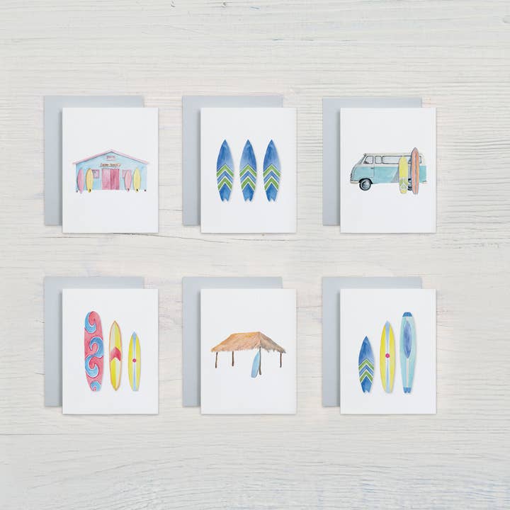 Surfing Watercolor Note Card Set (6 assorted designs) for wholesale by Waterline Studio