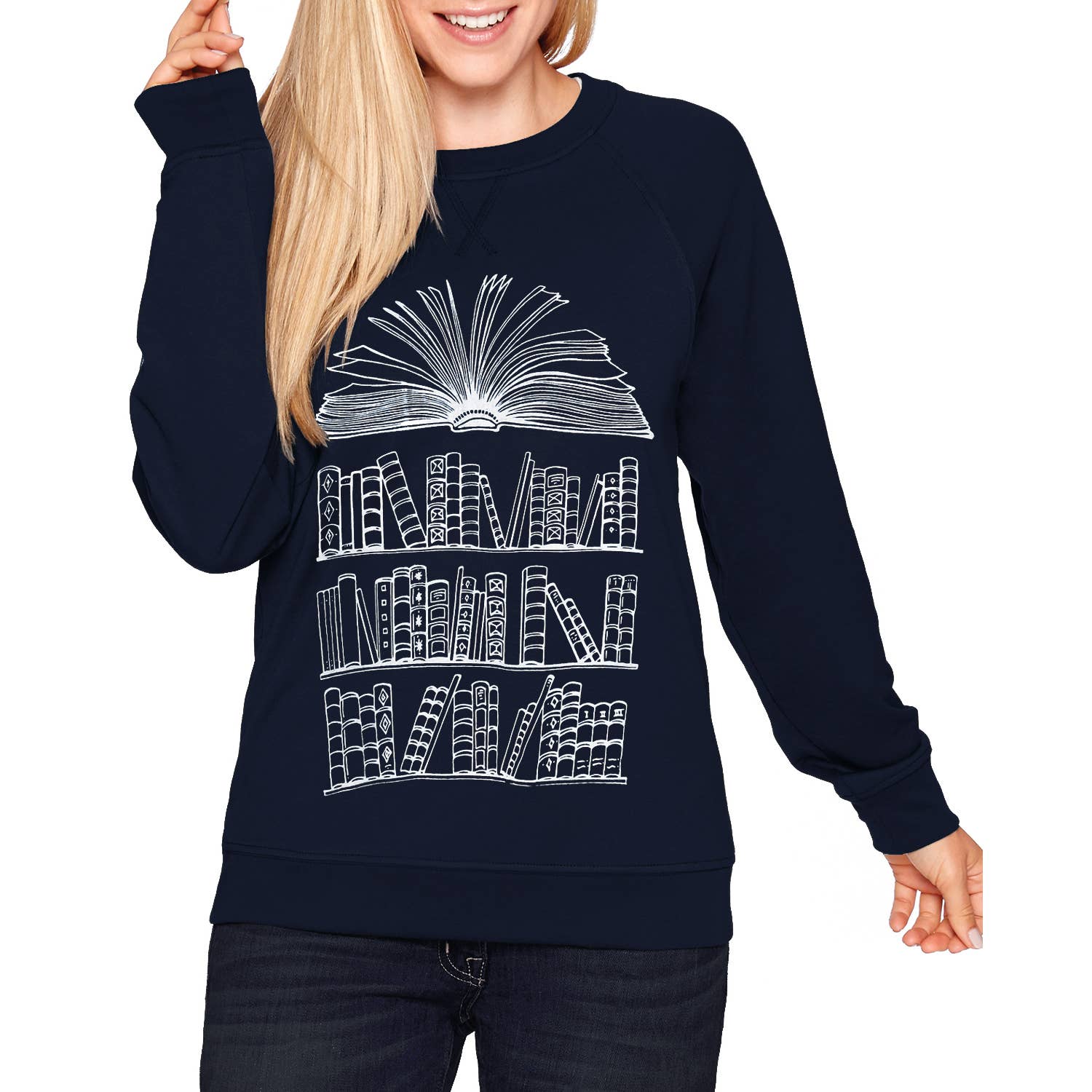 Mad Love Shop - Wholesale Graphic Sweatshirt - Women's - Unisex Navy Lightweight or Fleece Sweatshirt w/ Books Print1