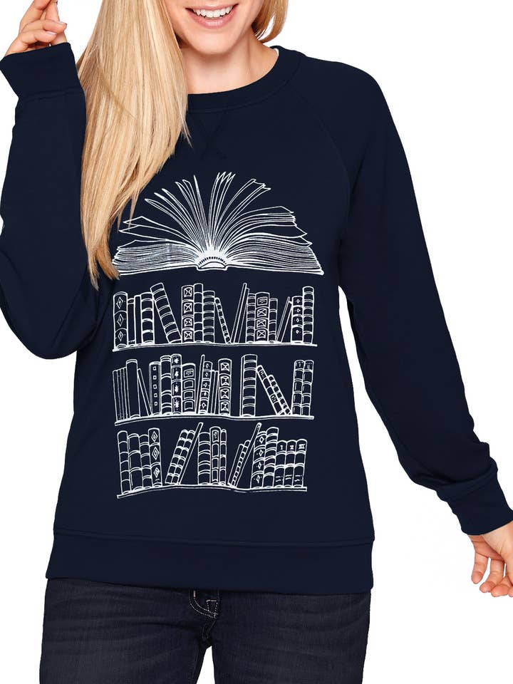Mad Love Shop - Wholesale Graphic Sweatshirt - Women's - Unisex Navy Lightweight or Fleece Sweatshirt w/ Books Print1