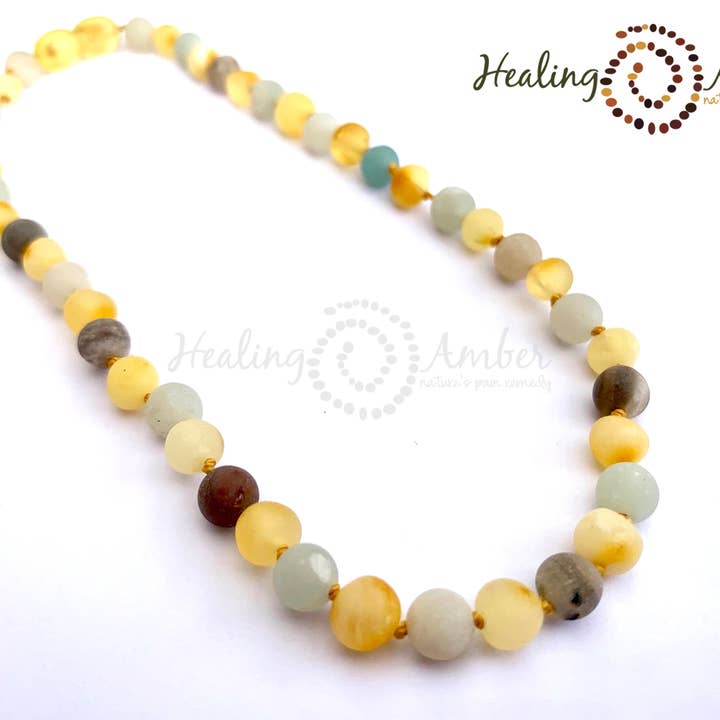 Healing Amber - Vendita all'ingrosso Collane di perline/perle - Pietra preziosa in oro grezzo, ambra e amazzonite, 23 cm