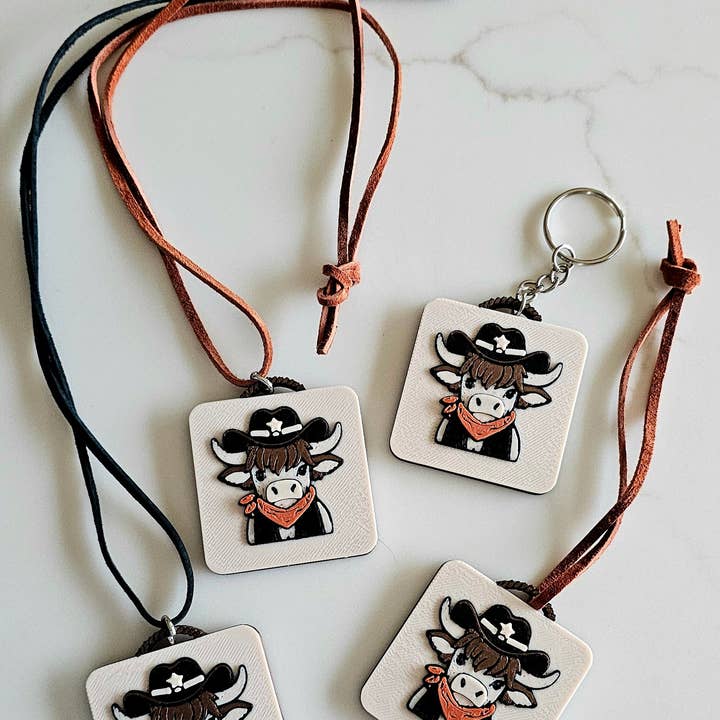 3D Print Cowboy Highland Cow Picture Necklace, Keychain or Purse Charm on Suede Leather Western Made in America for wholesale by BAHA RANCH WESTERN WEAR