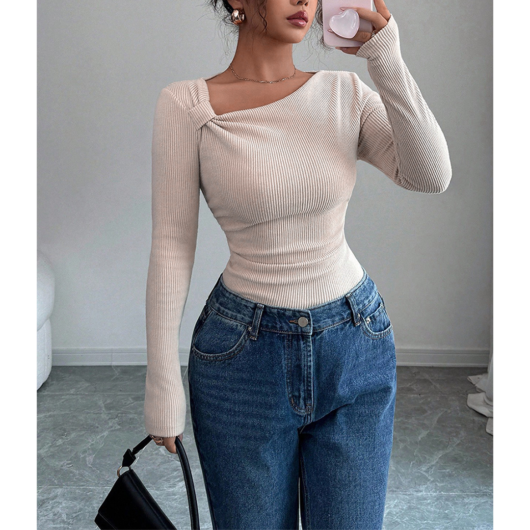 Apricot Elegant Slim Fit Solid Color Stretch Knit Top ZK3722 for wholesale on Faire5