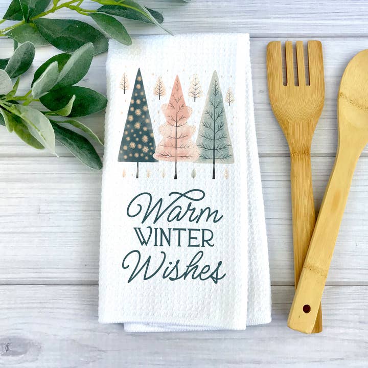 Warm Winter Wishes Christmas Tree Kitchen Towel Pink Girly for wholesale by Canary Road
