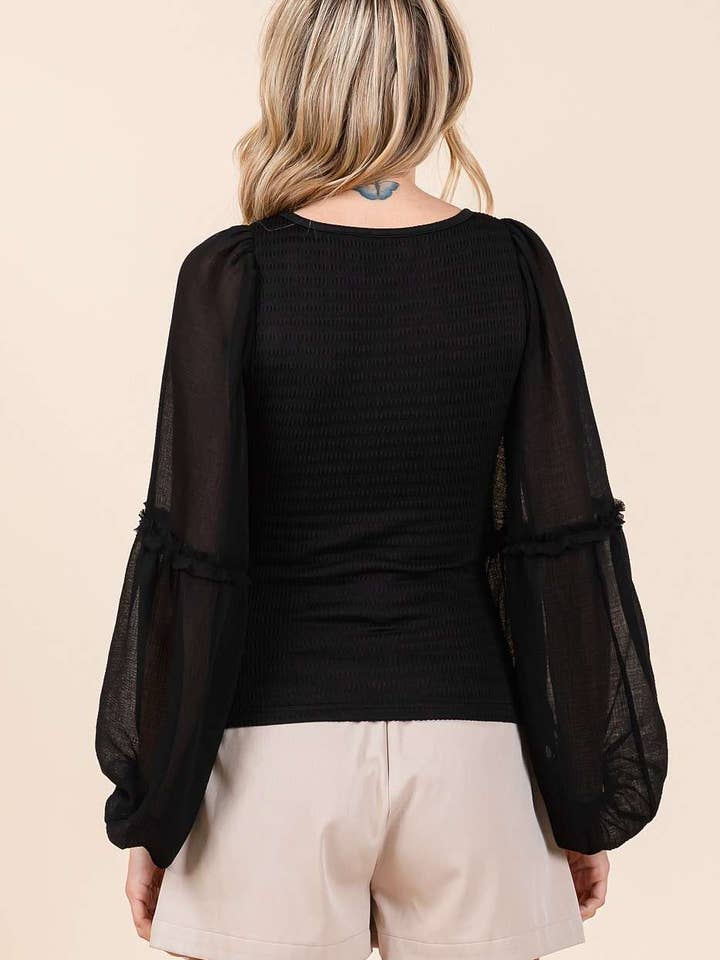 mittoshop - Wholesale Knit Top - Women's - MIXED MEDIA TEXTURED KNIT CHIFFON LONG SLEEVE TOP17