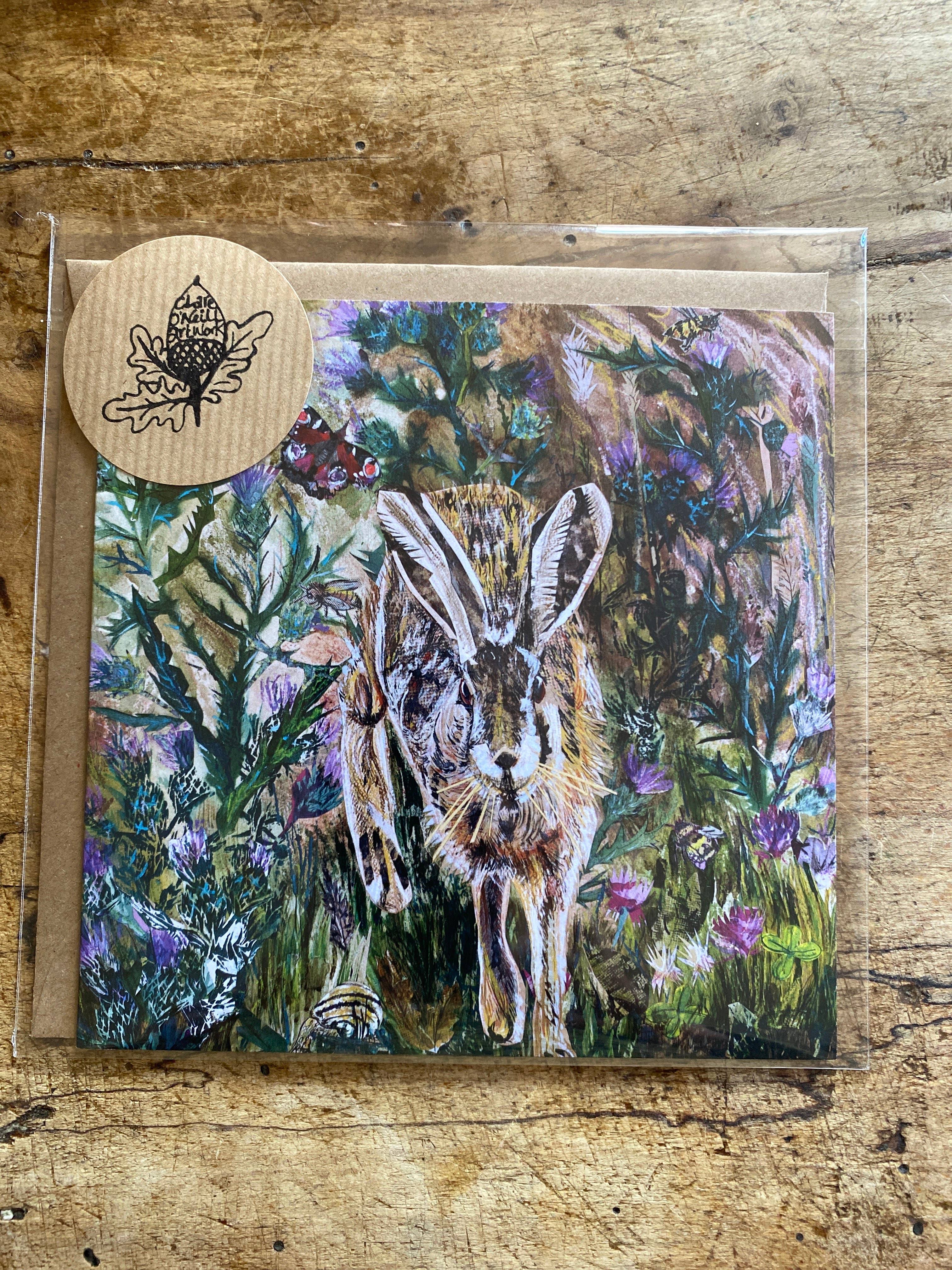 Clare O’Neill Artworks – wholesale Everyday greeting card – Hare in the Thistles Blank Greeting Card1