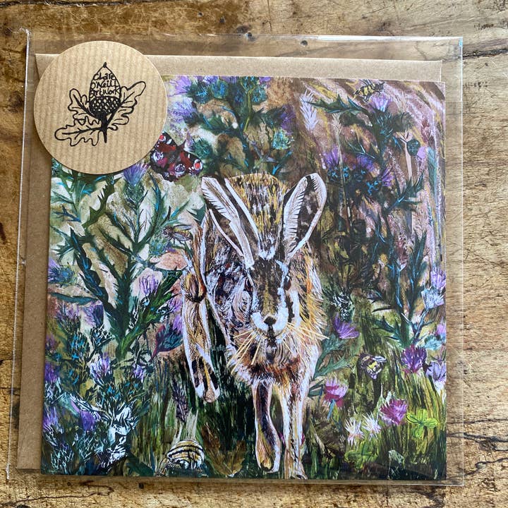 Clare O’Neill Artworks – wholesale Everyday greeting card – Hare in the Thistles Blank Greeting Card1
