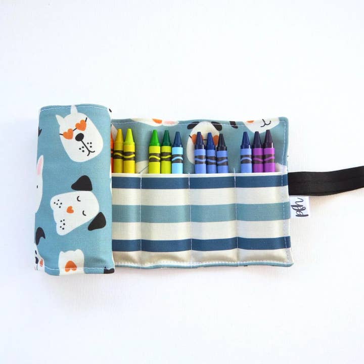 Puppy Crayon Roll – Handmade Dog Print Travel Art Kit for wholesale by PaperFromHeaven
