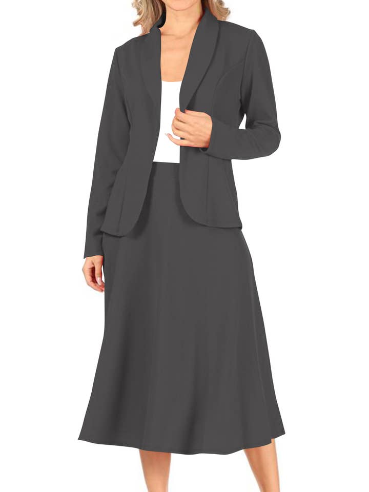 MOA COLLECTION - Wholesale Top & Skirt Set - Women's - Women's Two Piece Casual Blazer Relaxed A-Line Midi Skirt8