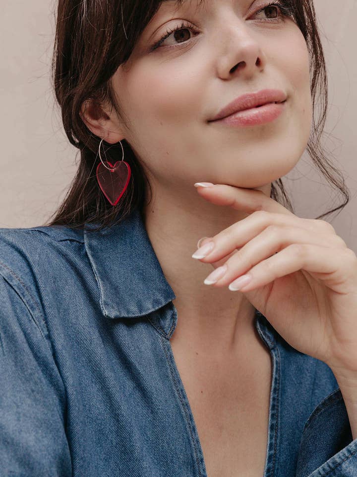 Silver Plated Acrylic Pink Heart Hoop Earrings for wholesale by Aloë Earrings