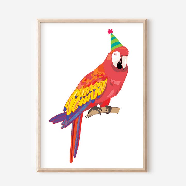 Stampa d'Arte del Pappagallo Festaiolo | Arte da Parete per Compleanno con Uccello Colorato per la vendita all'ingrosso da parte di You've Got Pen On Your Face