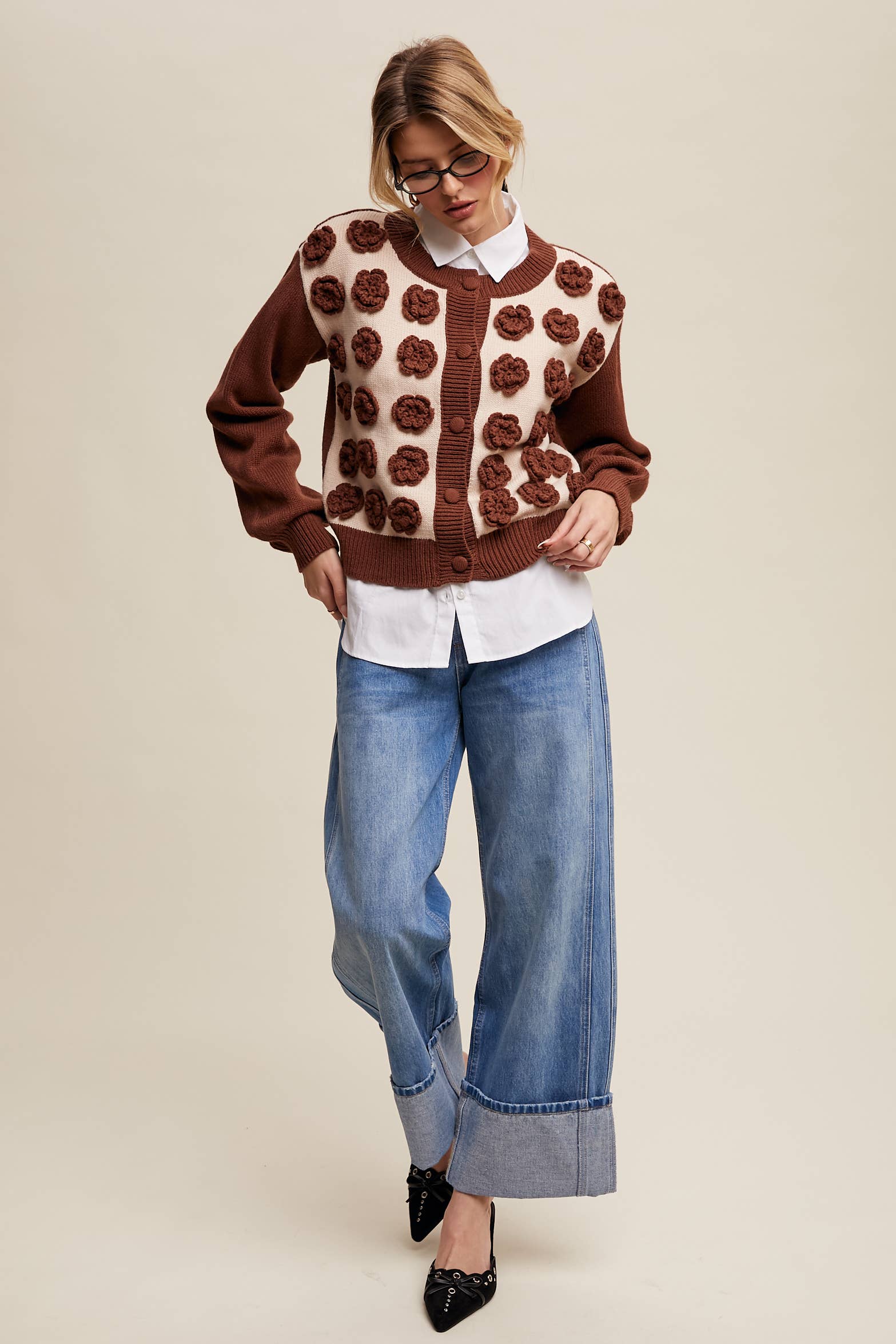 Listicle - Wholesale Cardigan - Women's - Handmade Rose Applique Knit Cardigan18