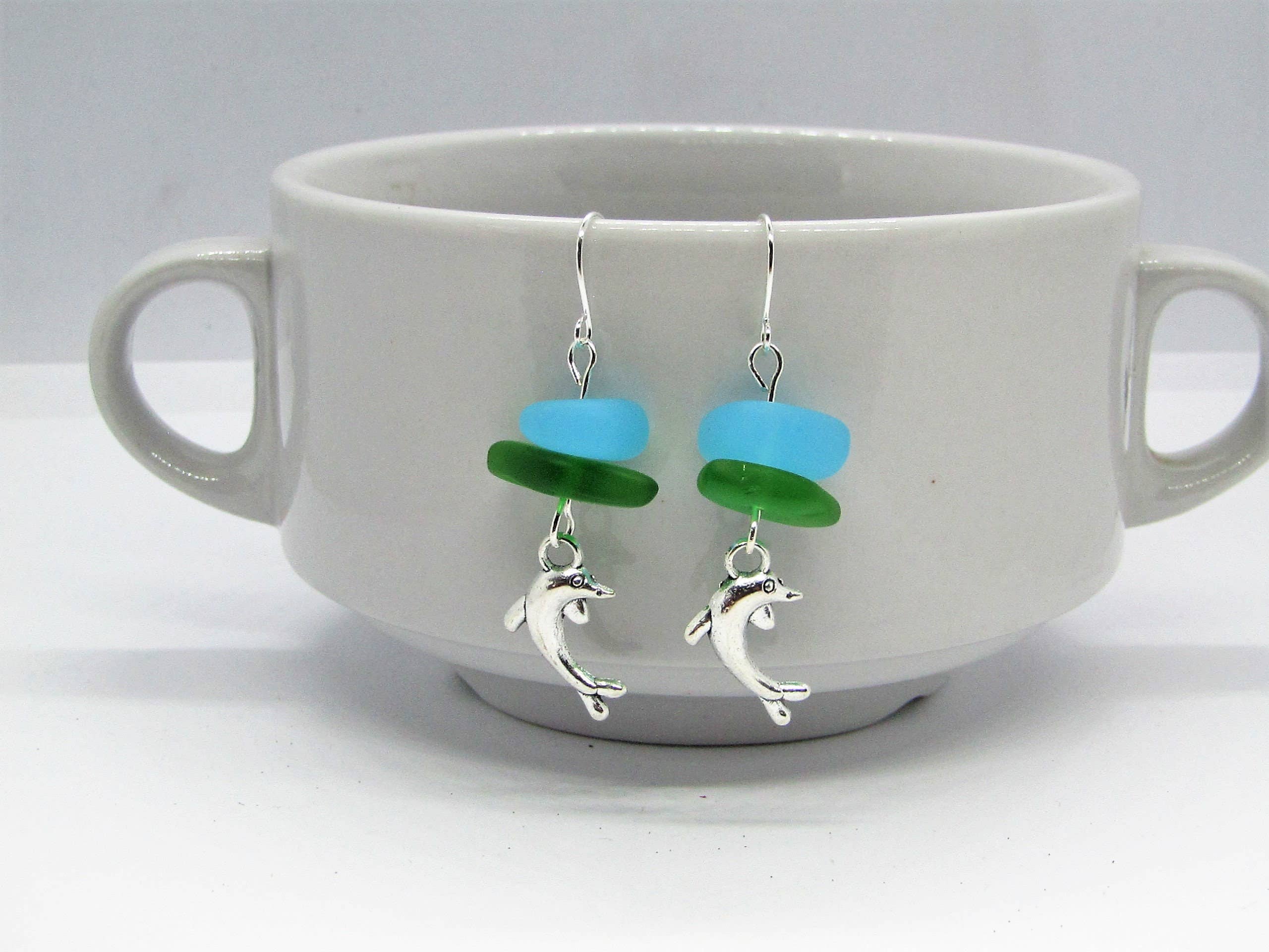 Bad Apple Designs - Wholesale Dangle Earrings - Sea Glass Dolphin Earrings: Sterling Silver, Beach Jewelry2