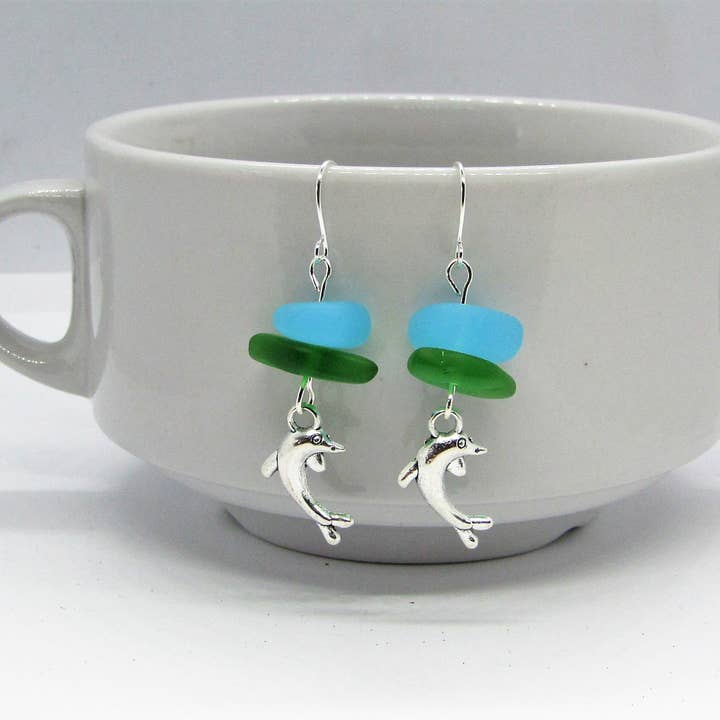 Bad Apple Designs - Wholesale Dangle Earrings - Sea Glass Dolphin Earrings: Sterling Silver, Beach Jewelry2
