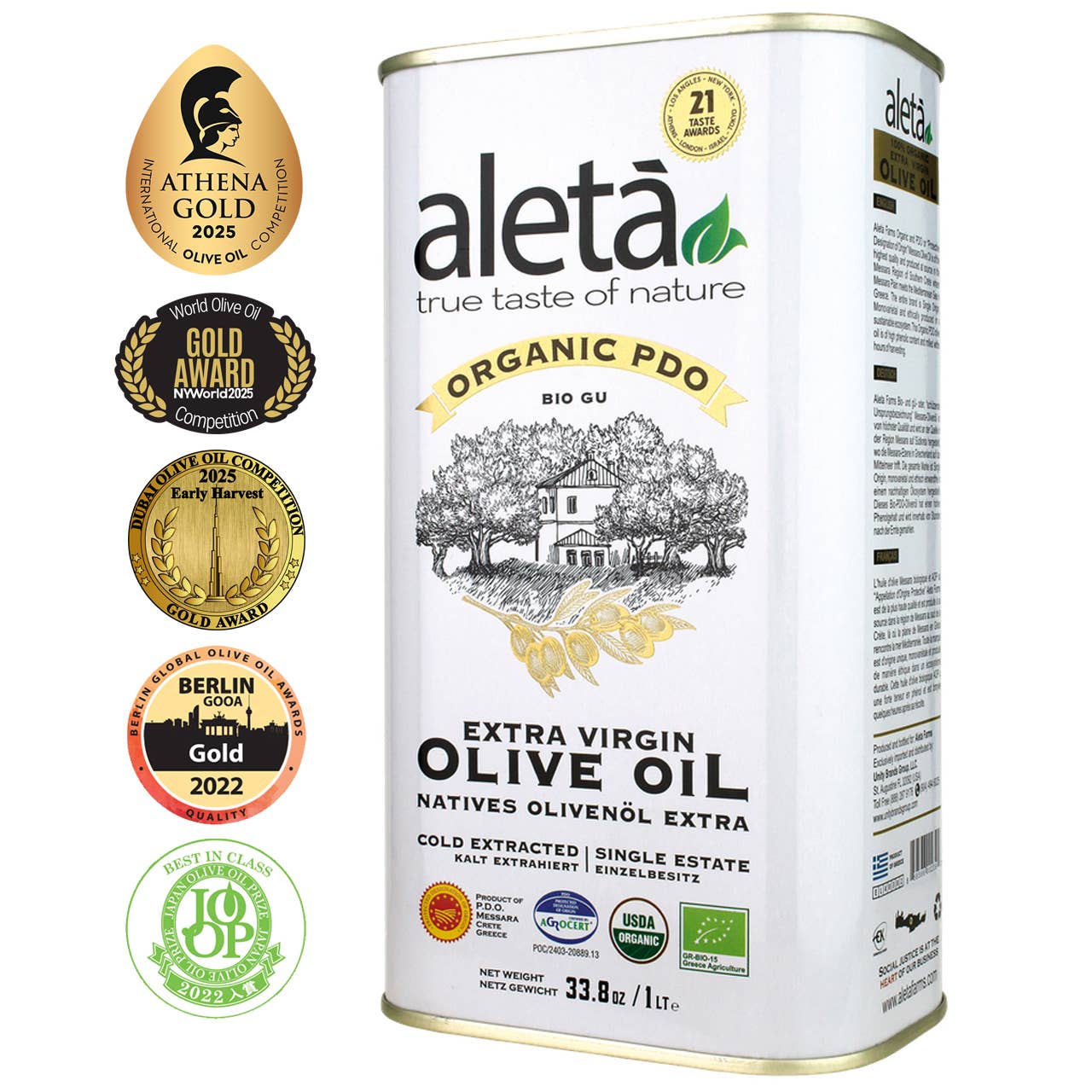 ELLORA FARMS - Wholesale Olive Oil - Aleta Organic Single Estate PDO Extra Virgin Olive Oil, 1 LT5