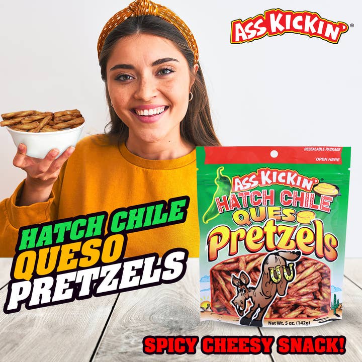 Southwest Specialty Food - Wholesale Pretzels - Ass Kickin' Hatch Chile Queso Pretzels, 5 oz Resealable Bags5