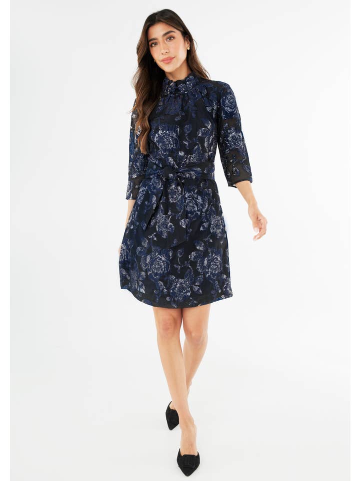 Abbey Glass - Wholesale Dress - Women's - Claudine Dress Navy Metallic Rose Organza