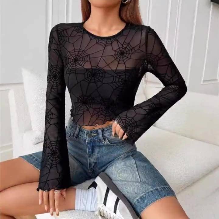 Black fungus edge spider web transparent T-shirt for wholesale on Faire2