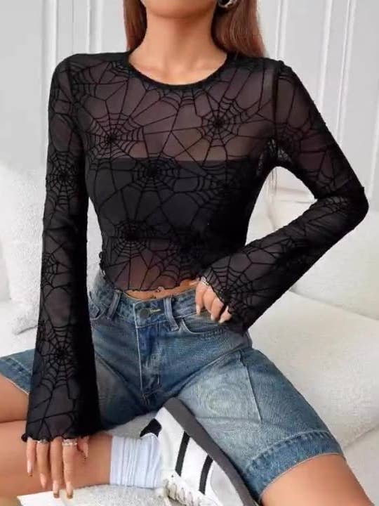 Black fungus edge spider web transparent T-shirt for wholesale on Faire2