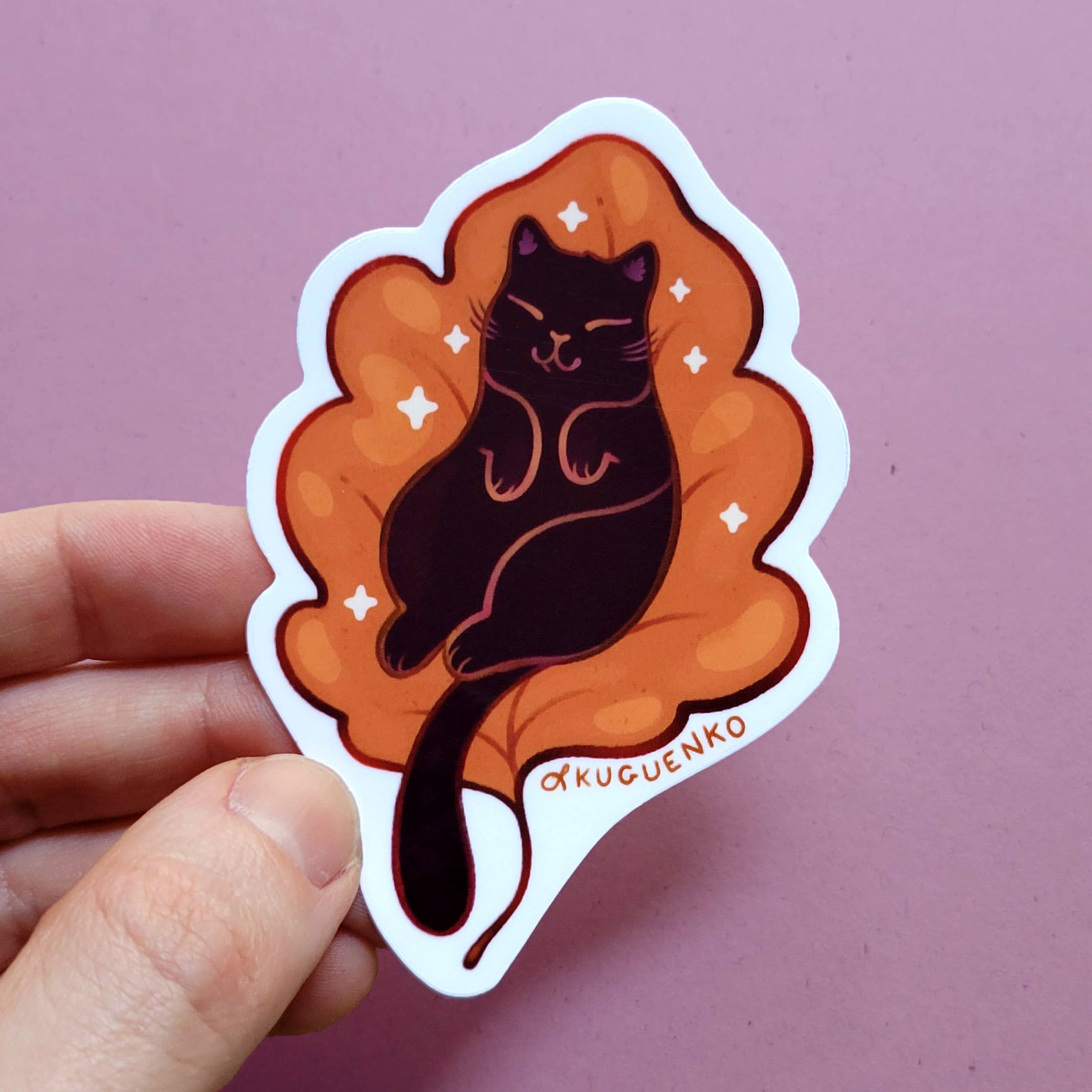 Kuguenko Illustration - Wholesale Sticker - Fall Leaf Kitty - Vinyl Sticker