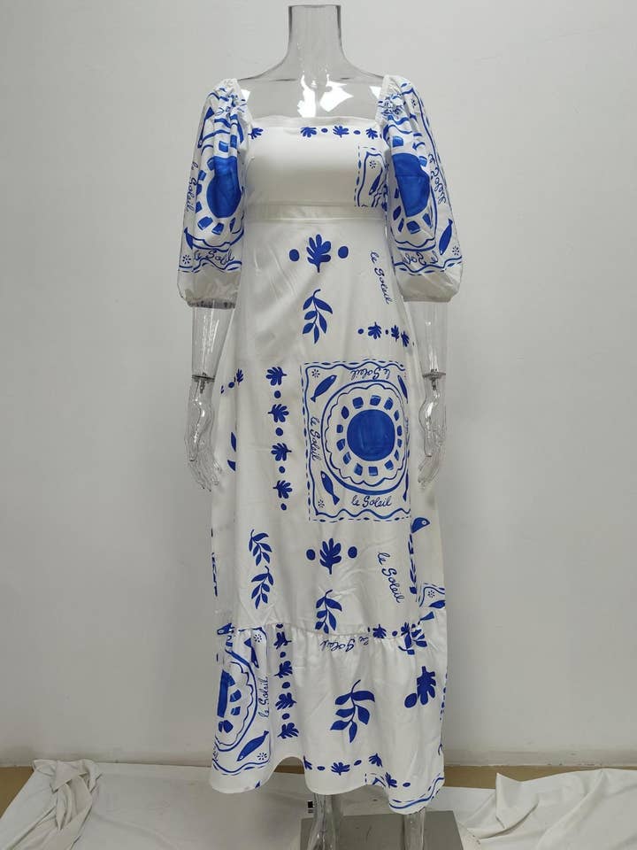 Rosa Clothing - Wholesale Dress - Women's - Unique Print Square Neck Bubble Sleeve Dress
