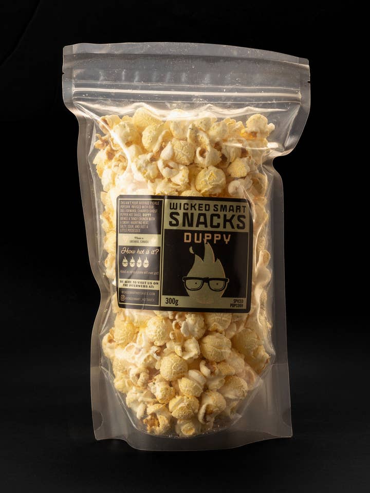 DUPPY Dill Pickle & Ghost Pepper Popcorn for wholesale by Wicked Smart Hot Sauce