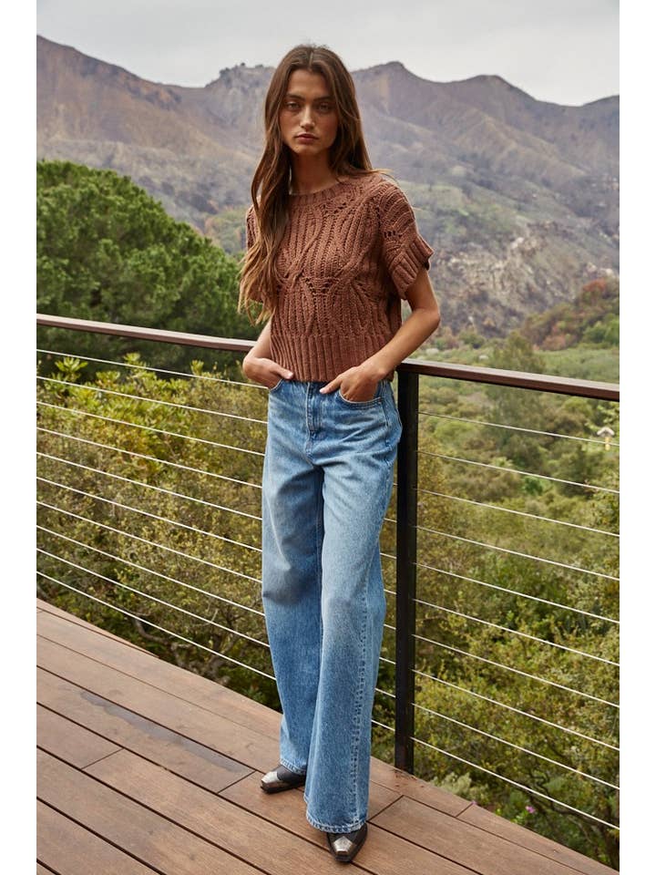 By Together - Wholesale Knit Top - Women's - W1124 | Knit Sweater Crochet Round Neck Short Sleeve Top