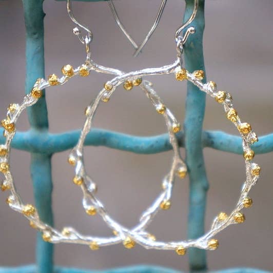 Nature-Inspired Hoop Earrings, Sterling Silver With Gold Buds (Lightweight) for wholesale by Mother Nature Jewelry
