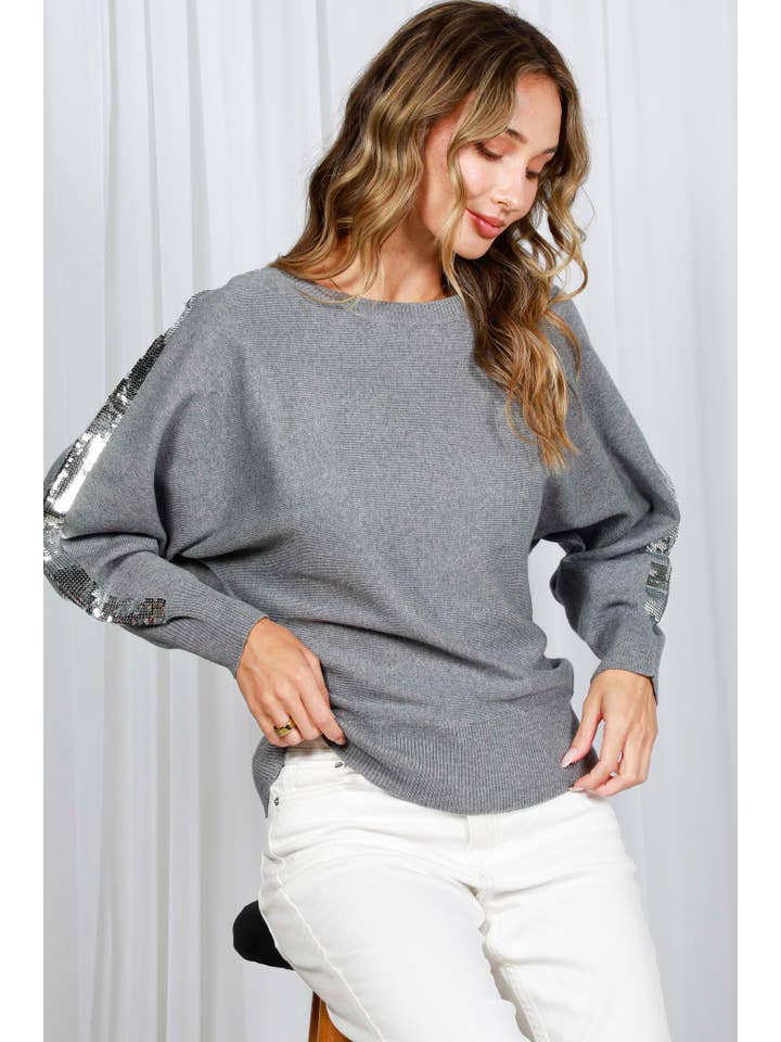 Vine & Love - Wholesale Knit Sweater - Women's - Sequin Detail Crew Neck Dolman Knitted Sweater VT8201310