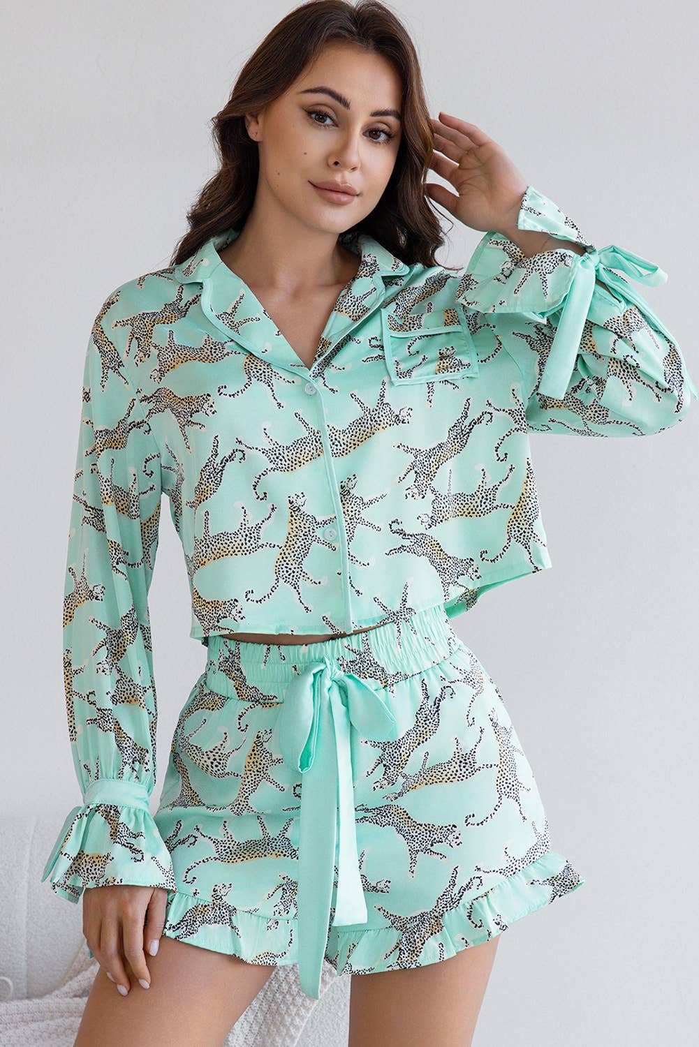 Green Leopard Printed Satin Long Sleeve Top and Shorts Pajama Set for wholesale on Faire3
