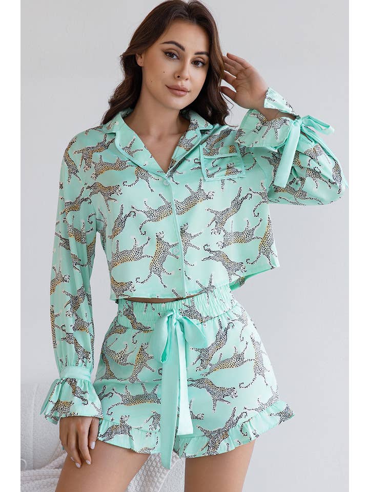 Green Leopard Printed Satin Long Sleeve Top and Shorts Pajama Set for wholesale on Faire3