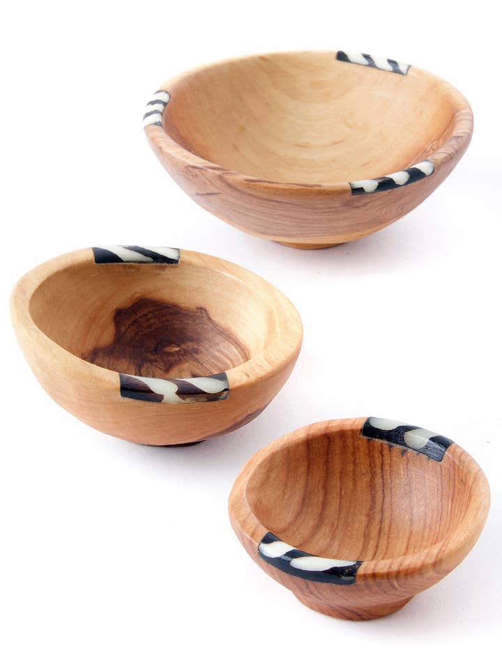 Set of Three Small Wild Olive Wood and Bone Bowls for wholesale by Swahili | AFRICAN MODERN