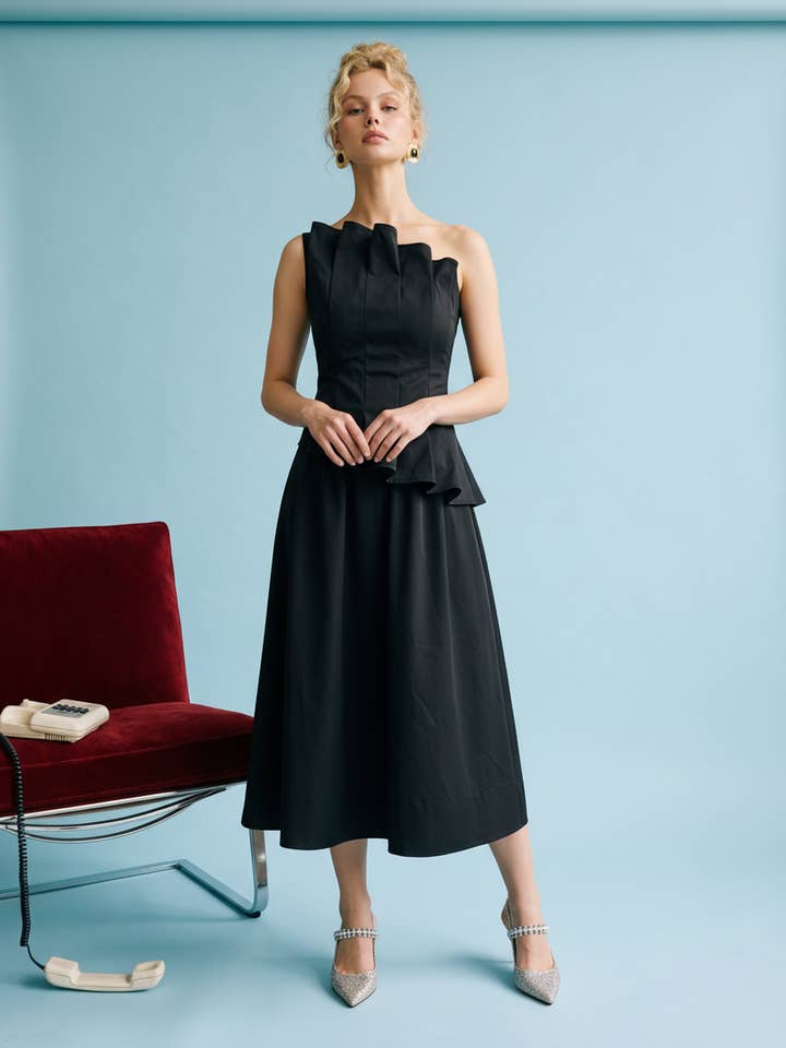 Asymmetrical Neck Peplum Midi Dress for wholesale by Heyson