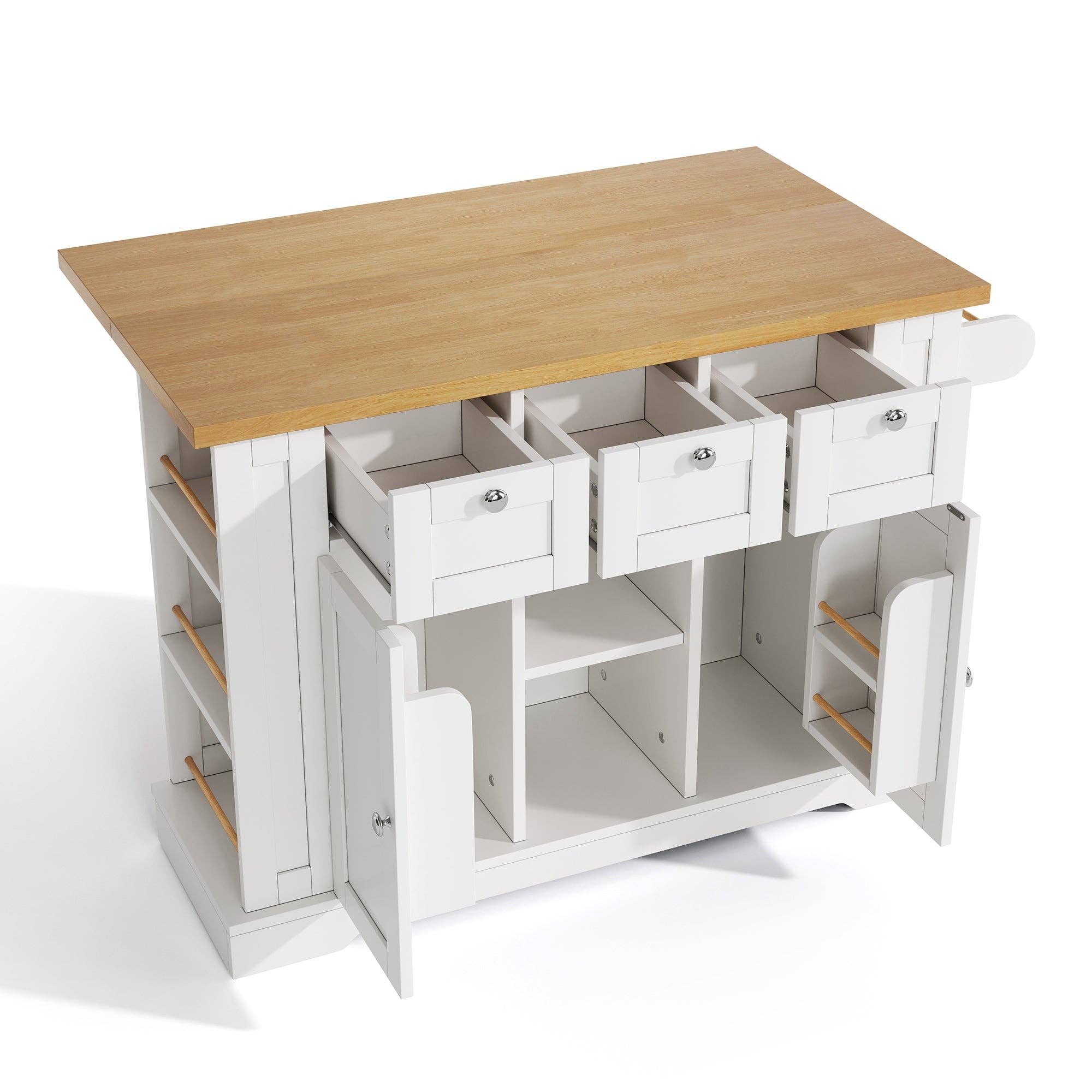 Urban Meuble - Wholesale Kitchen Storage/Organizer - White kitchen island with wood effect, extendable top, storage, and USB ports AMYLOPECT24