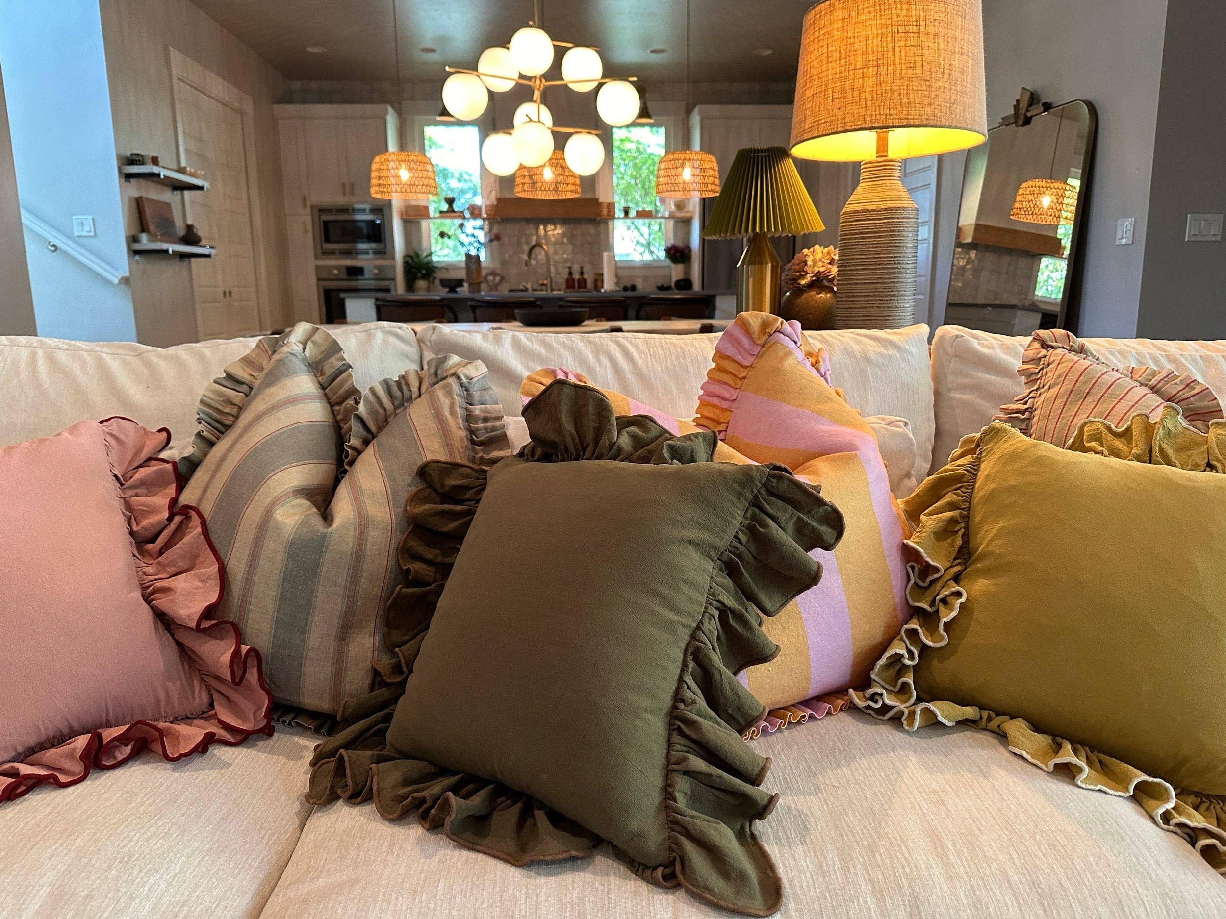 Rennah Collective - Wholesale Throw/Decorative Pillow - Olive and Sage Striped-Ruffle Pillow Cover6