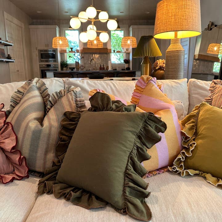 Rennah Collective - Wholesale Throw/Decorative Pillow - Olive and Sage Striped-Ruffle Pillow Cover6
