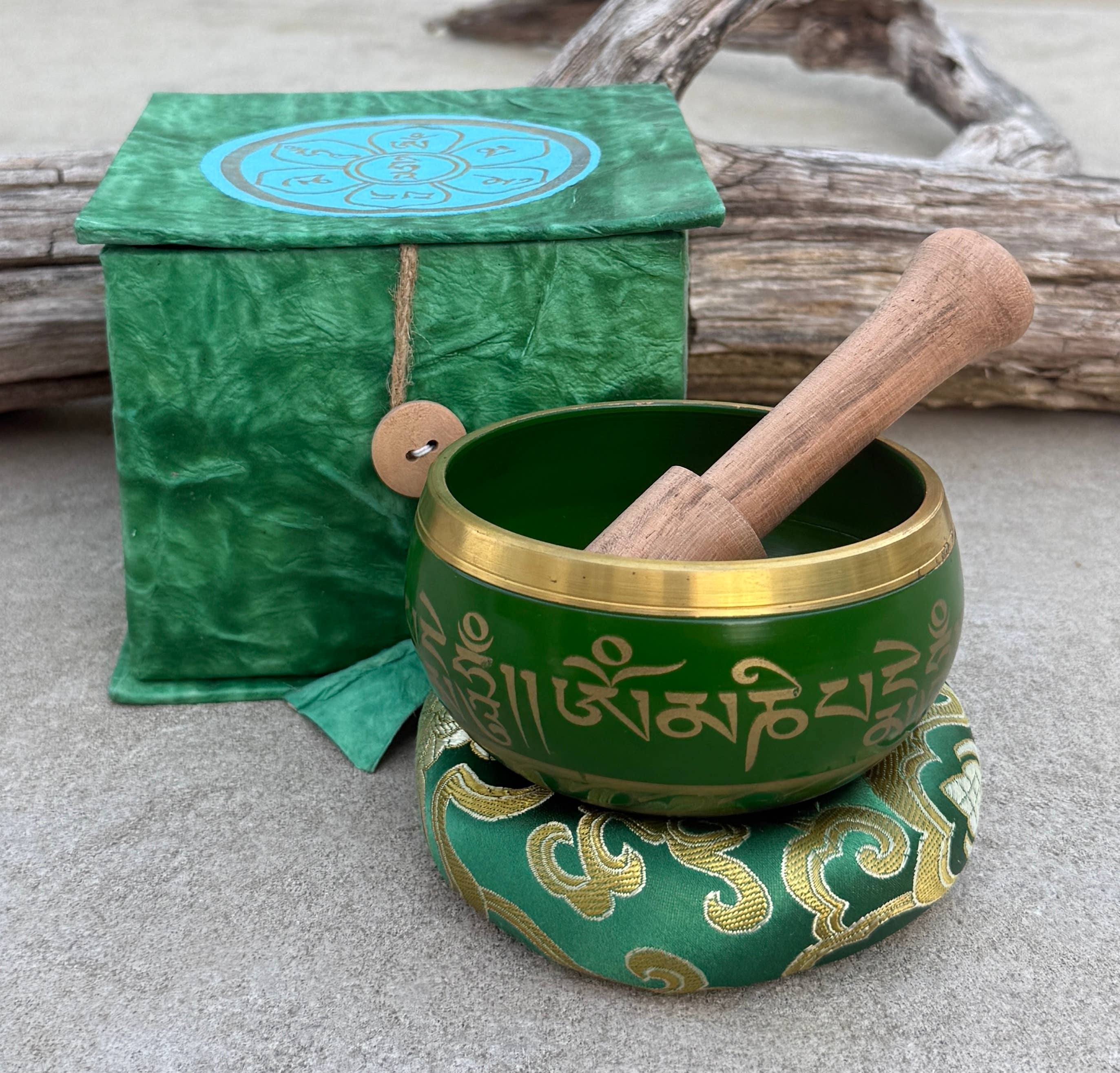 Lungta Imports - Wholesale Meditation Supplies - Tibetan Complete Singing Bowl Gift Box Set with OM Mani Padme Hum Etched Bowl10