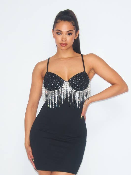 Midi Dress With Front Rhinestone Fringe Detial for wholesale by Boswell