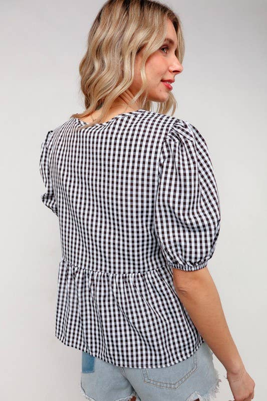 NOIR/BLANC Haut à manches courtes vichy babydoll à ruban en vente sur Faire6