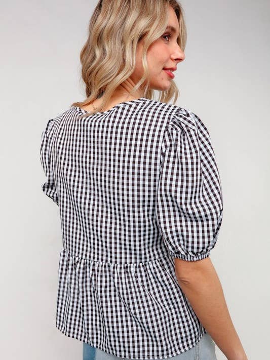 BLACK WHITE Ribbon Babydoll Gingham Check Short Sleeve Top for wholesale on Faire6
