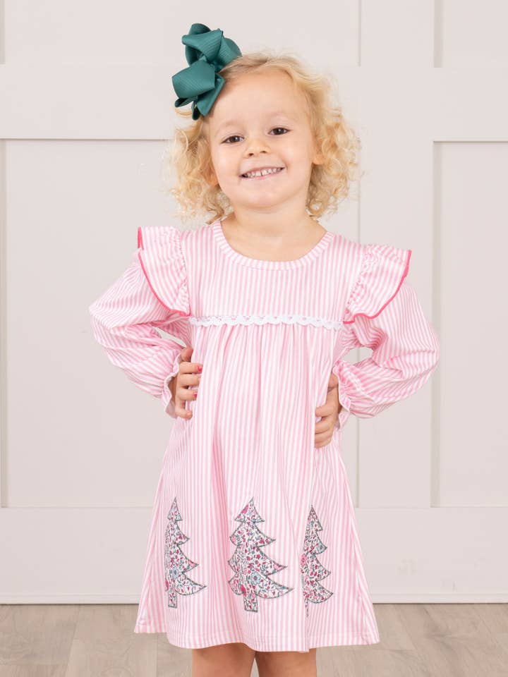 Marie Nicole Clothing - Wholesale Dress - Kids - Pink Striped Embroidered Floral Trees Ruffle Dress