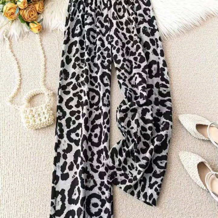 Masyal - Wholesale Pants - Women's - Women's Leopard Print Elastic Waist Wide-Leg Pants