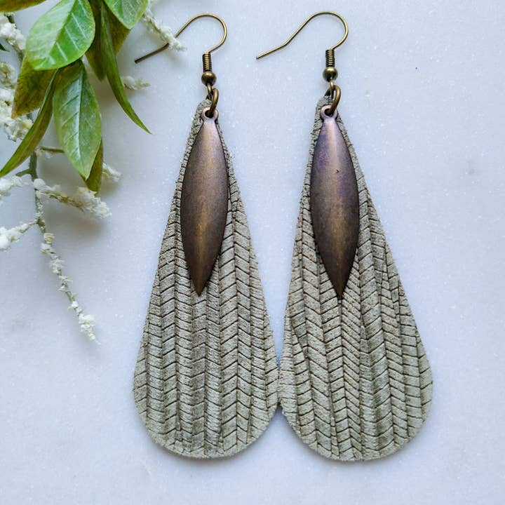 'It's Raining Sage' Raindrop Leather Earrings for wholesale by LITTLE BLUE BUS JEWELRY