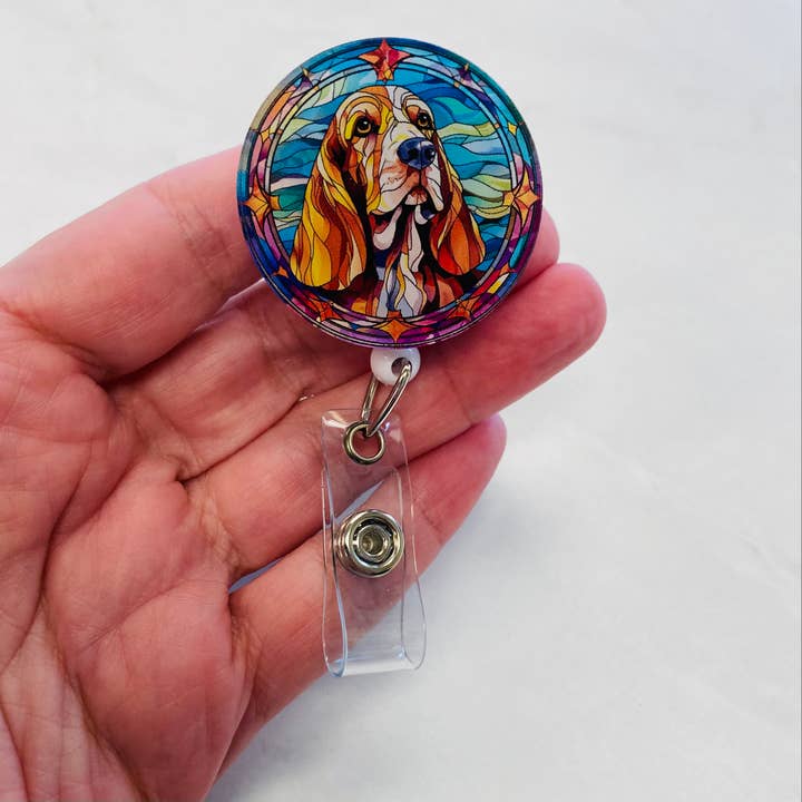 Porta Badge Basset Hound – Vetro Colorato Finto, ID Retrattile per la vendita all'ingrosso da parte di Spellbound Rose Creations
