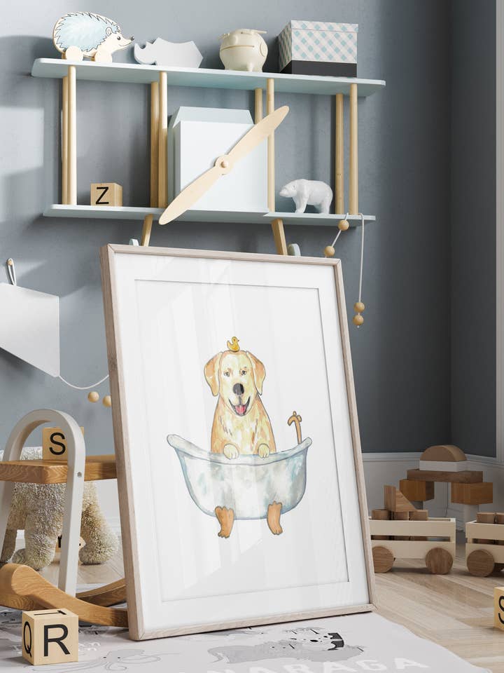 Dog golden retriever taking bath watercolor painting print for wholesale by Goodfairyart