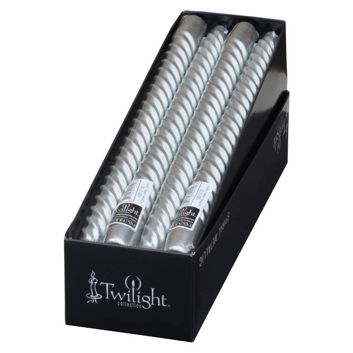 12 Inch Silver Spiral Metallic Taper Candle | 12 Pack for wholesale by Twilight Collection