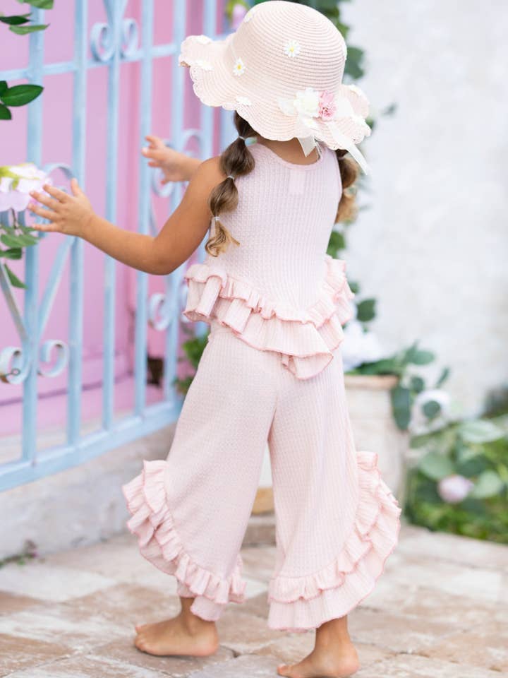 Mia Belle Girls • Wholesale – Engroshandel Top- og buksesæt – til børn – Pastelfarvet top med flæsekant og matchende palazzo-bukser2