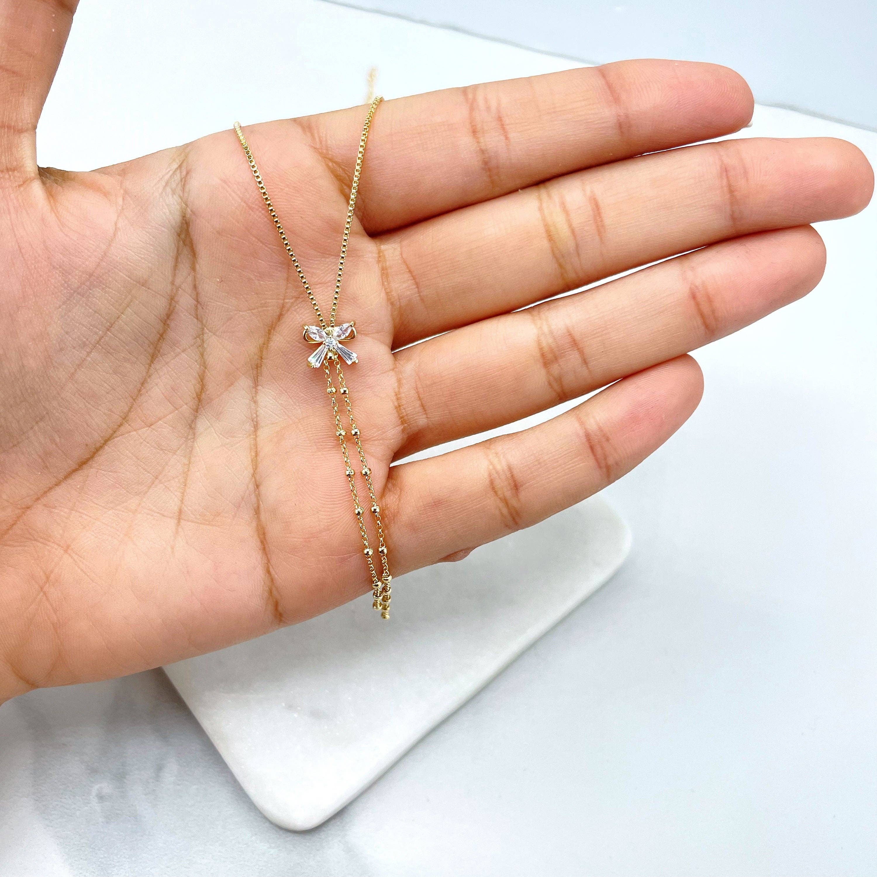 DIJU Jewelry - Venta al por mayor Collares con colgantes/abalorios - Collar de cadena en forma de caja chapado en oro de 18 quilates con centro de mariposa de circonitas cúbicas y cadena satélite larga de doble gota, suministros de joyería al por mayor1