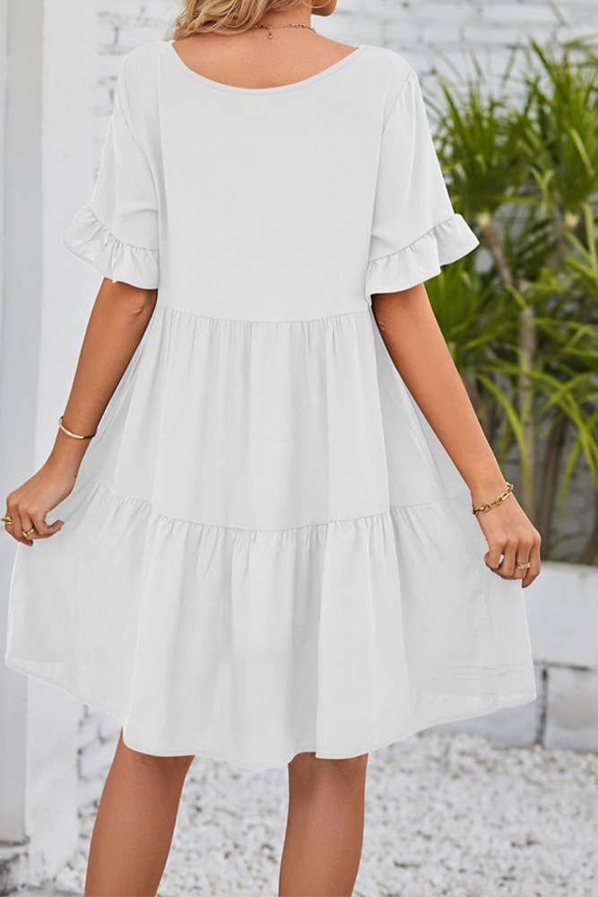 UNISHE - Vendita all'ingrosso Vestito - Donna - Abito A Balze Con Volant Con Scollo A V Semplice E Tasche MD0387