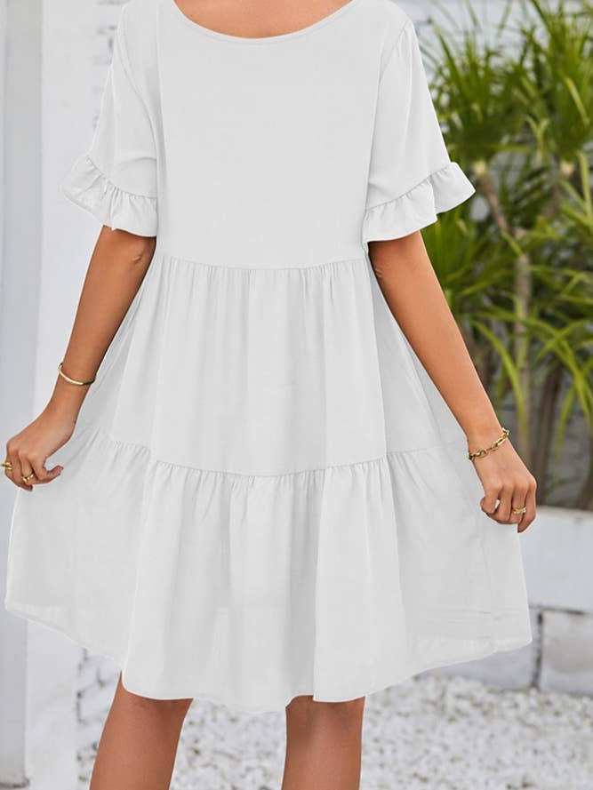 UNISHE - Vendita all'ingrosso Vestito - Donna - Abito A Balze Con Volant Con Scollo A V Semplice E Tasche MD0387